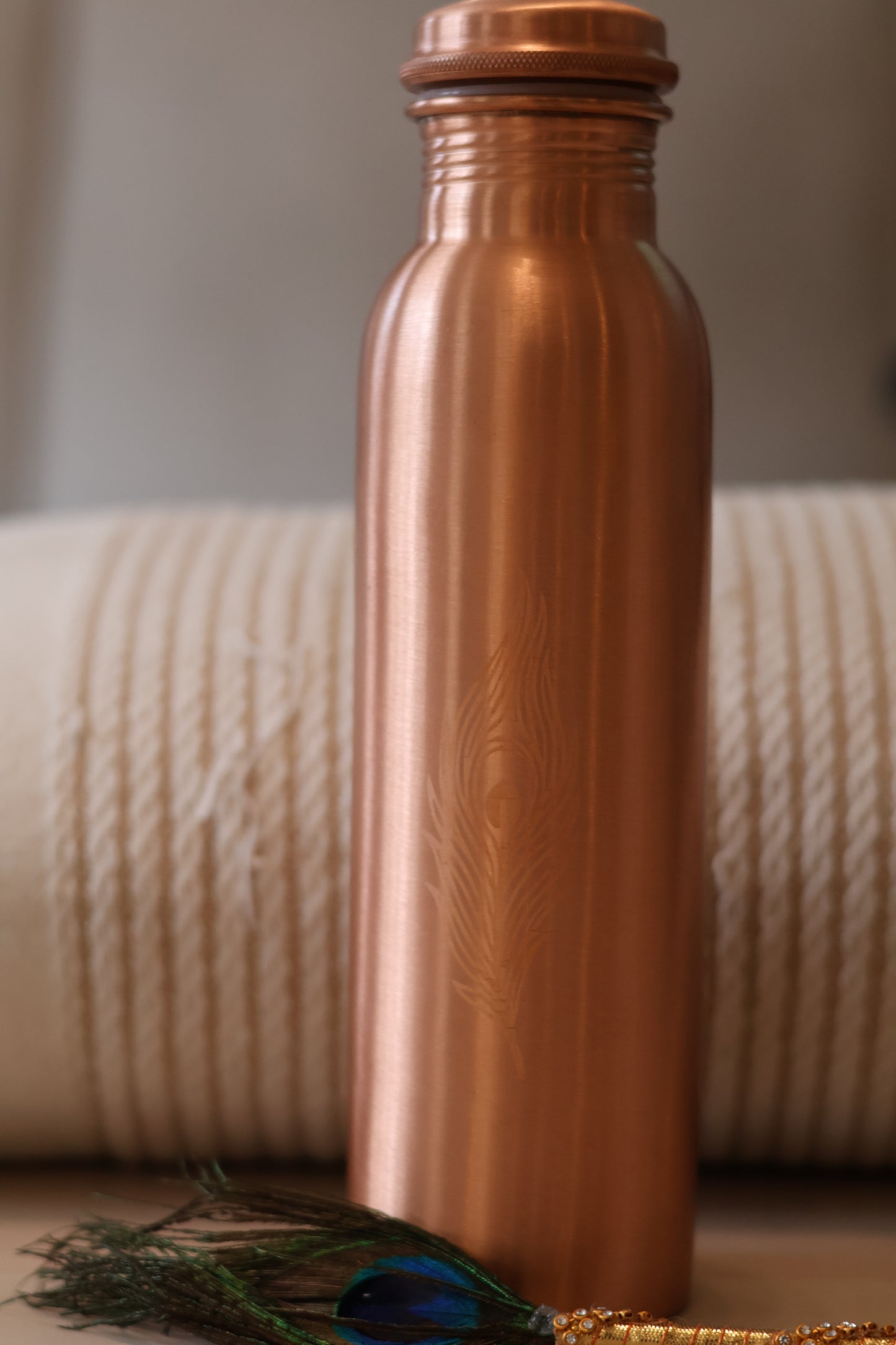 Polished Copper Water Bottle with Feather Motif – 950ml