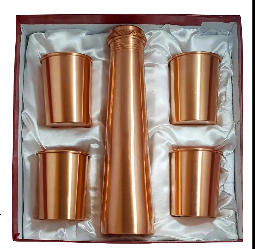 Copper Water Bottle with 4 Glasses