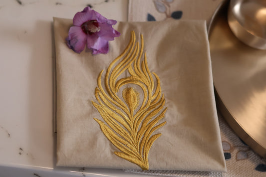 100% Organic Cotton Tan Brown Napkin with Feather Hand Embroidery – 20x20" ( Set of 4 pcs)